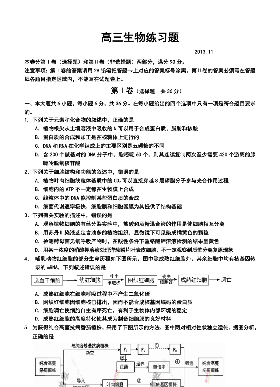 山东省青岛市高三上学期期中考试生物试题及答案.doc_第1页