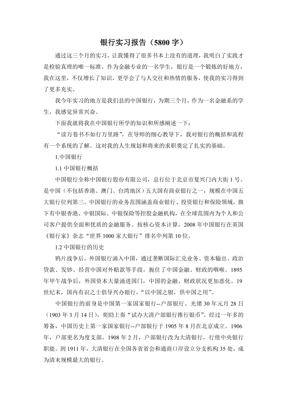 银行实习报告范文 中国银行实习报告（5800字）.doc_第1页