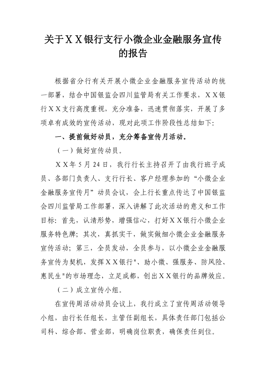 银行支行小微企业金融服务宣传的报告.doc_第1页