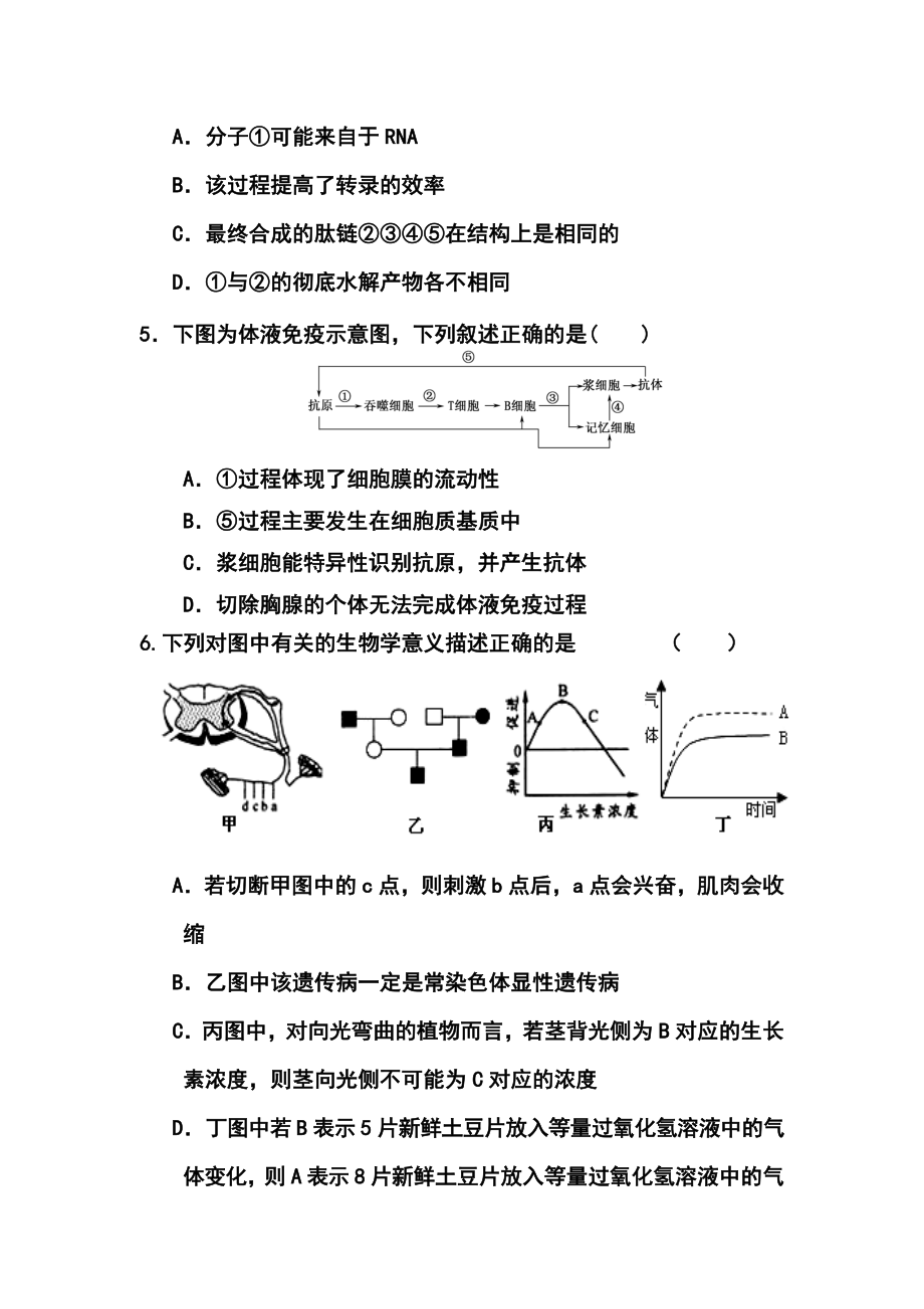 甘肃省张掖市高三下学期第五次诊断考试理科综合试题及答案.doc_第3页