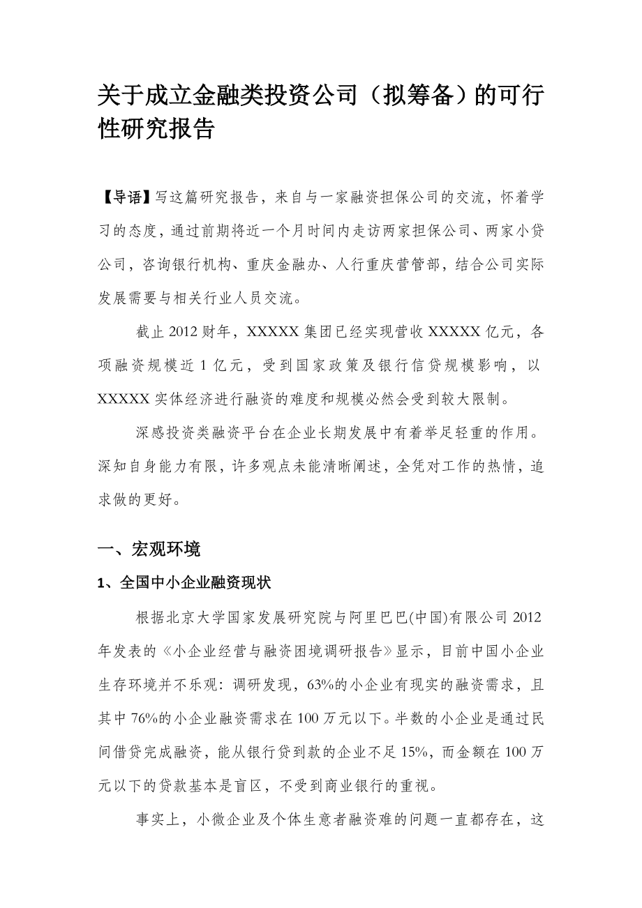 关于成立金融类投资公司（拟筹备）的可行性研究报告.doc_第1页