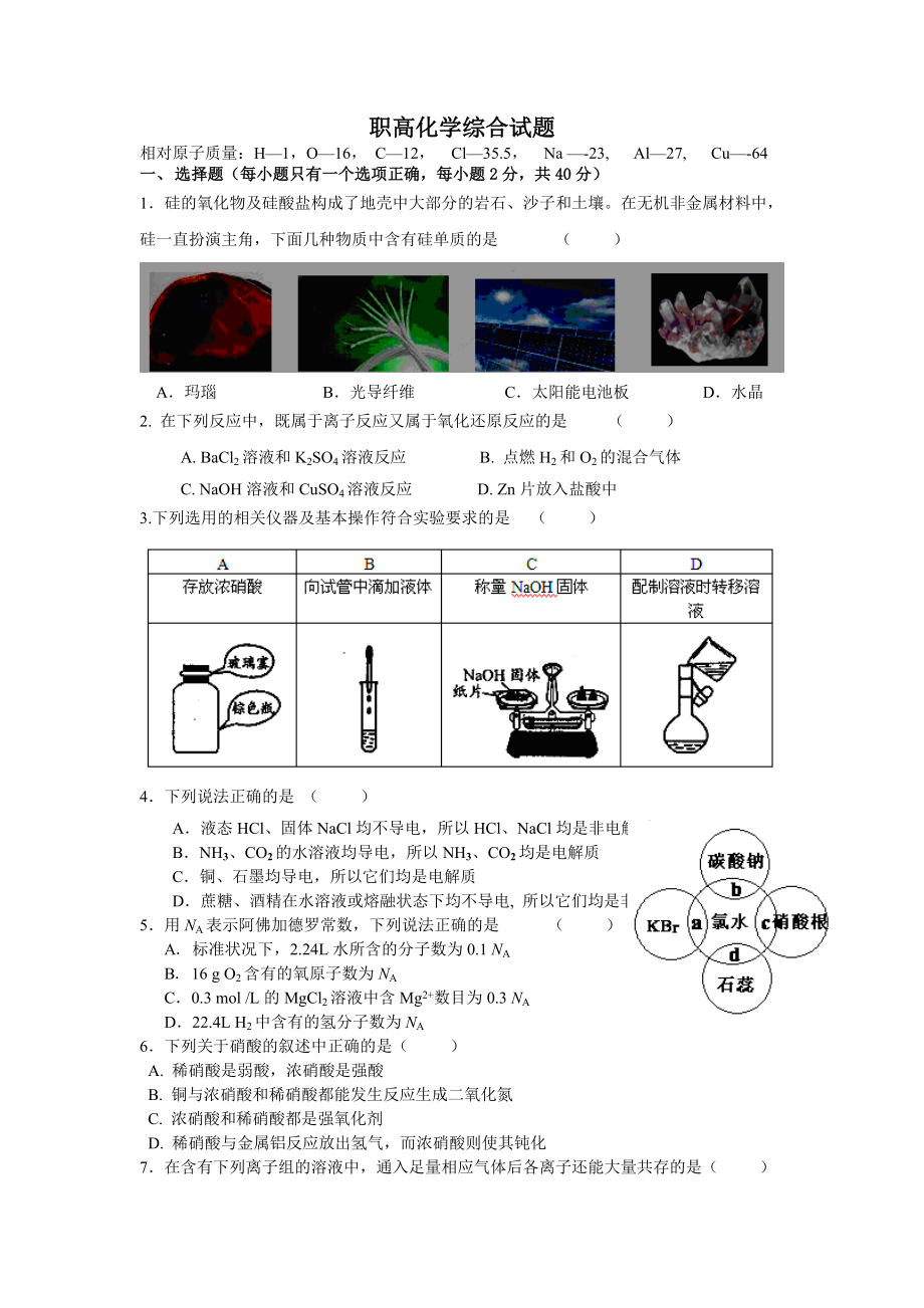 中职对口升学化学综合试题.doc_第1页