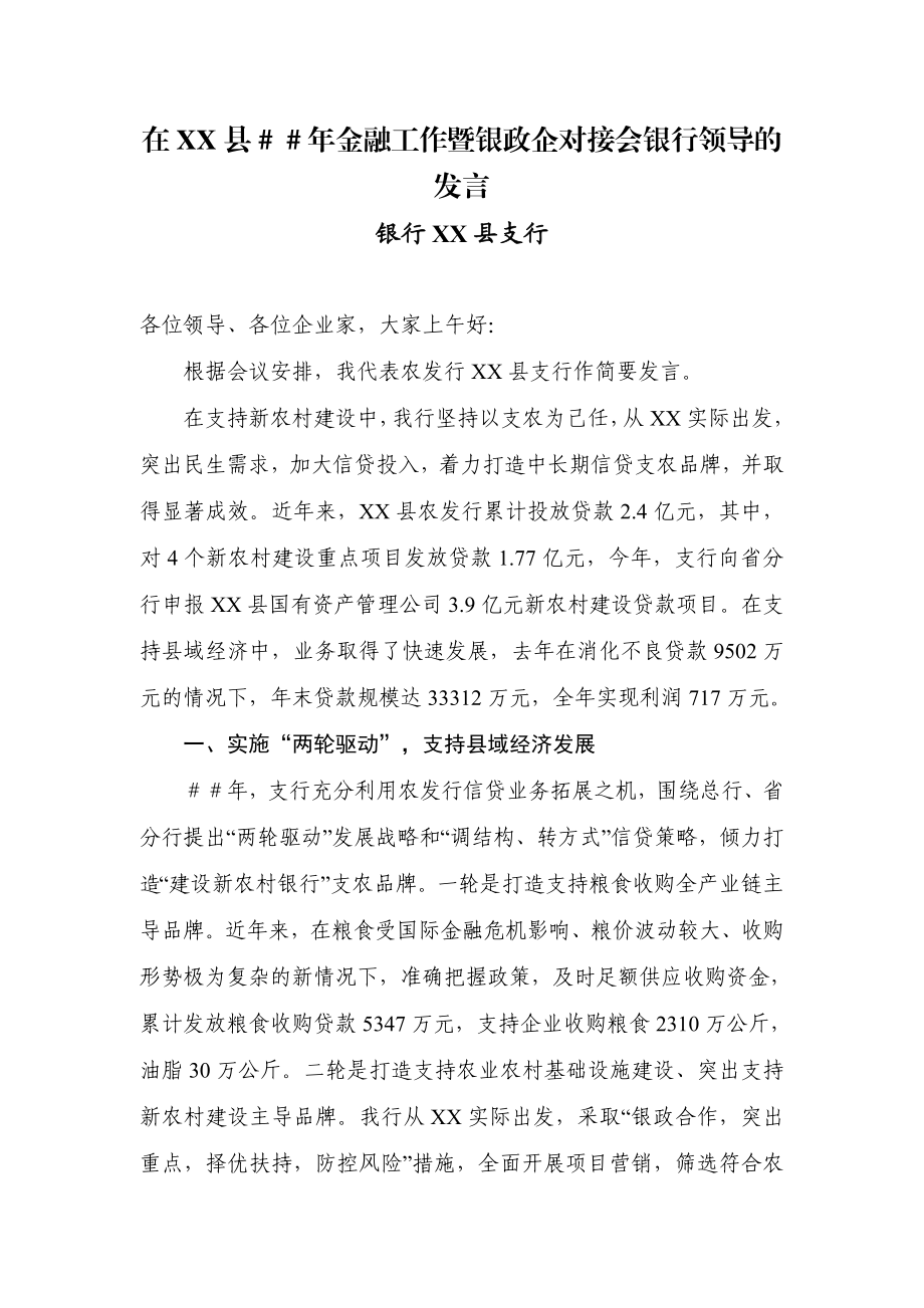 金融工作暨银政企对接会银行领导的发言.doc_第1页