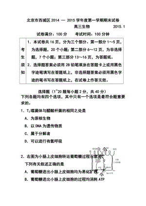 北京市西城区高三上学期期末考试生物试题及答案.doc