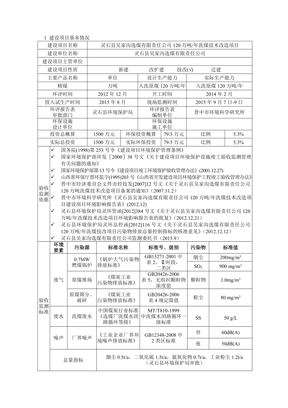 环境影响评价报告公示：灵石县吴家沟选煤有限责任万洗煤技术改造环评报告.doc_第1页