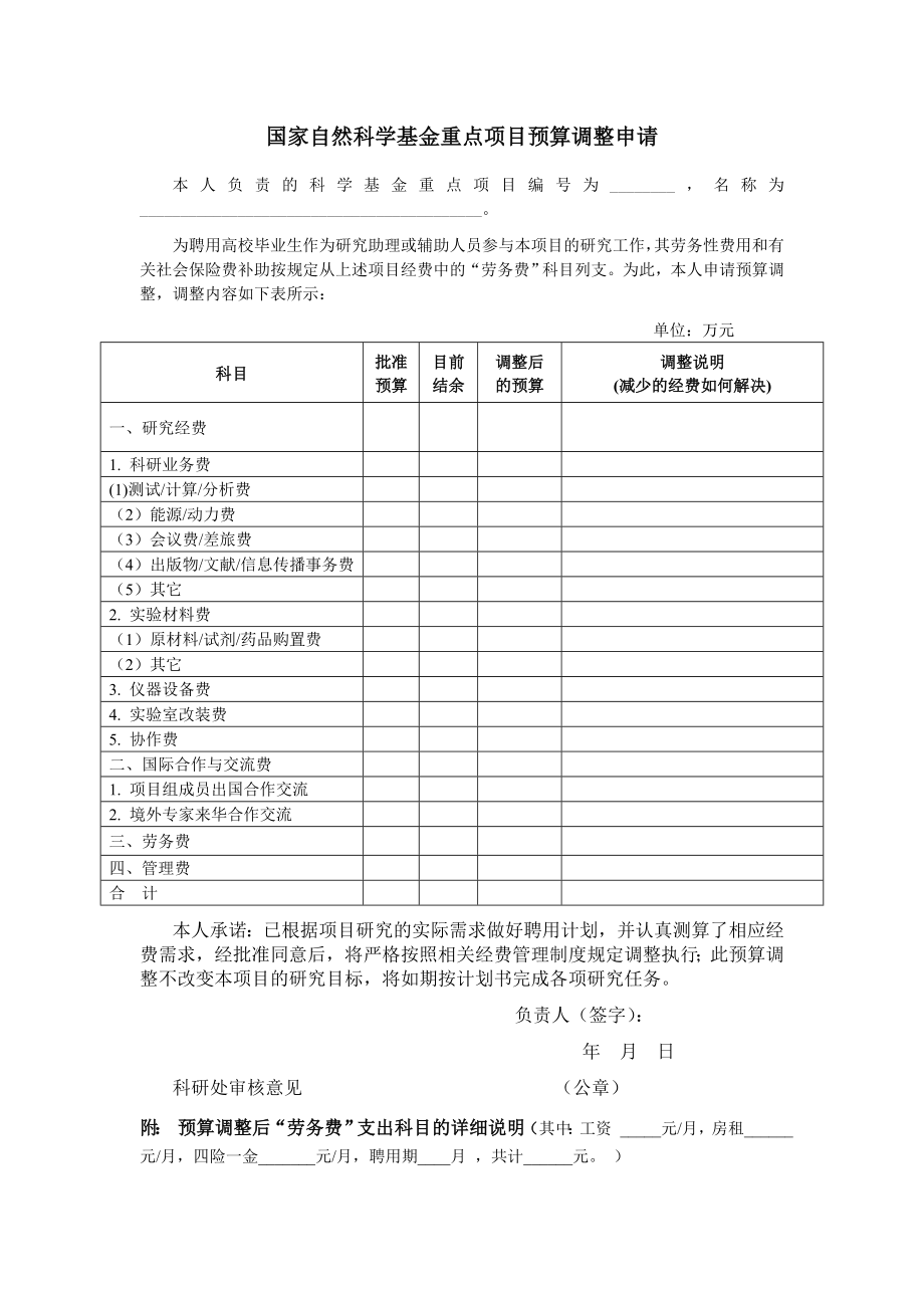 国家自然科学基金重点项目预算调整申请.doc_第1页