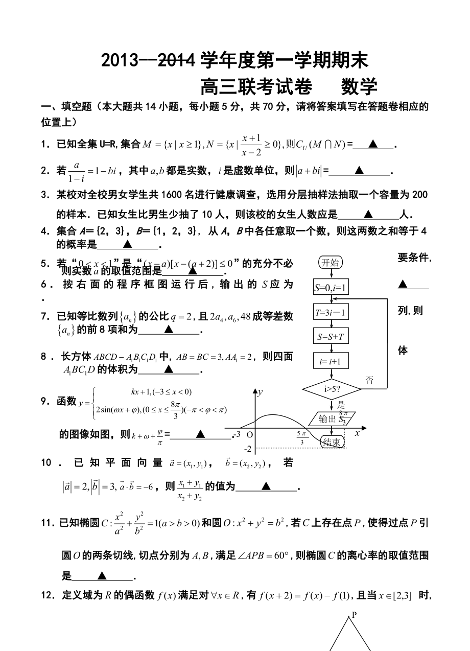 江苏省如东县高三第一学期期末四校联考数学试卷及答案.doc_第1页