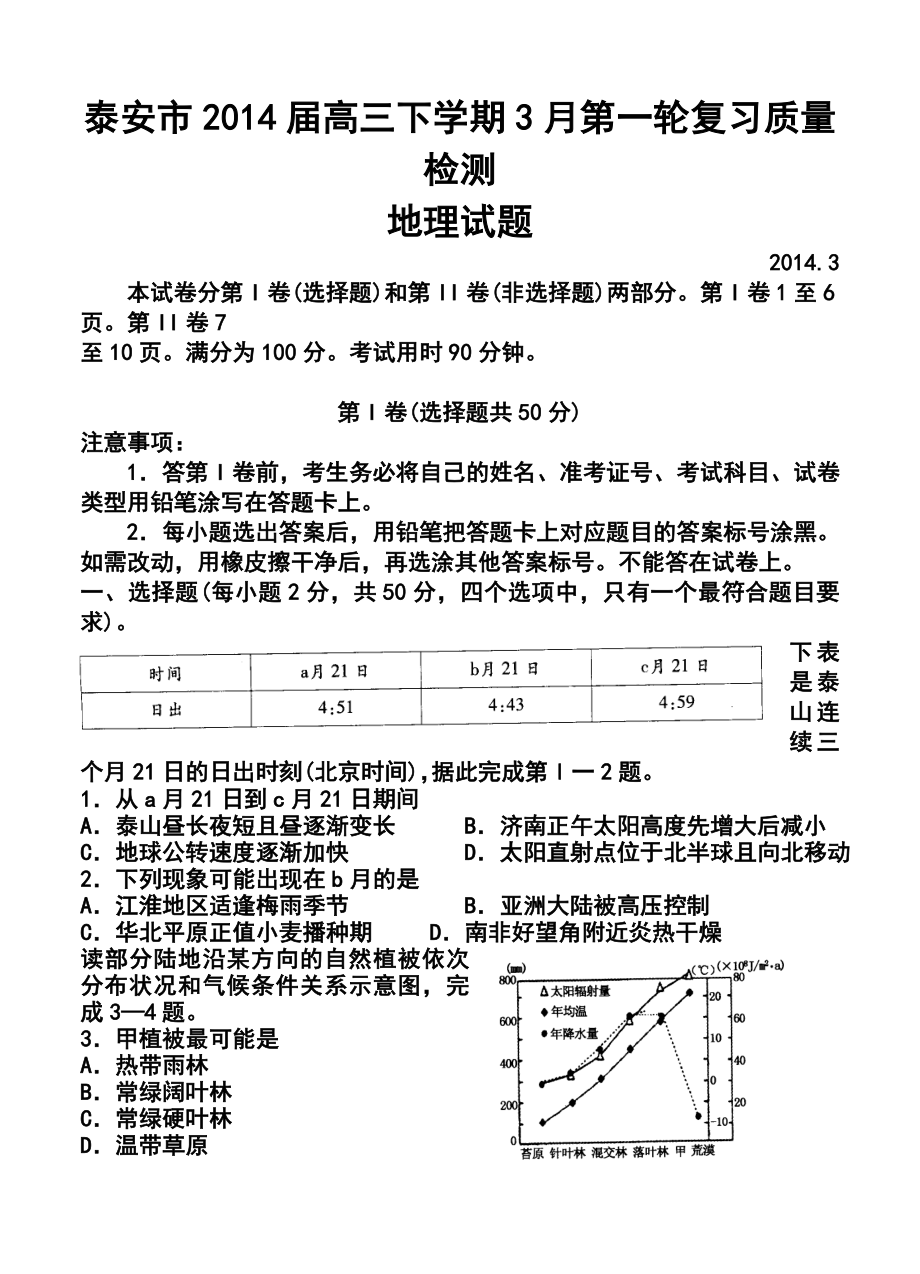 山东省泰安市高三下学期3月第一轮复习质量检测地理试题及答案.doc_第1页