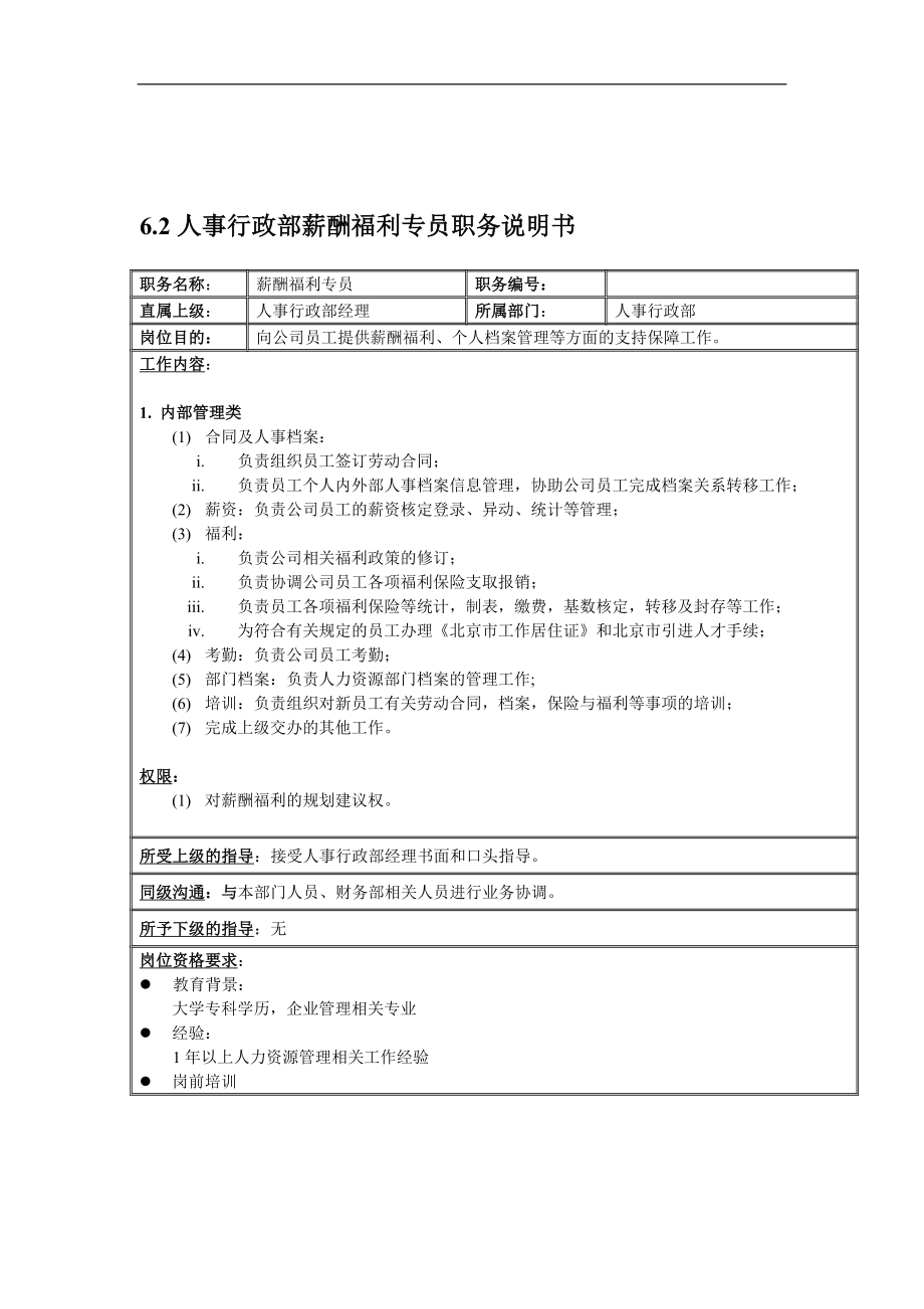 人事行政部岗位说明书.doc_第1页