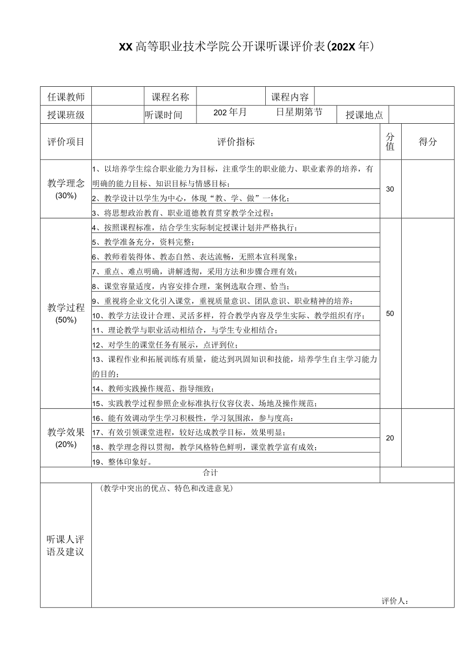 XX高等职业技术学院公开课听课评价表（202X年）.docx_第1页