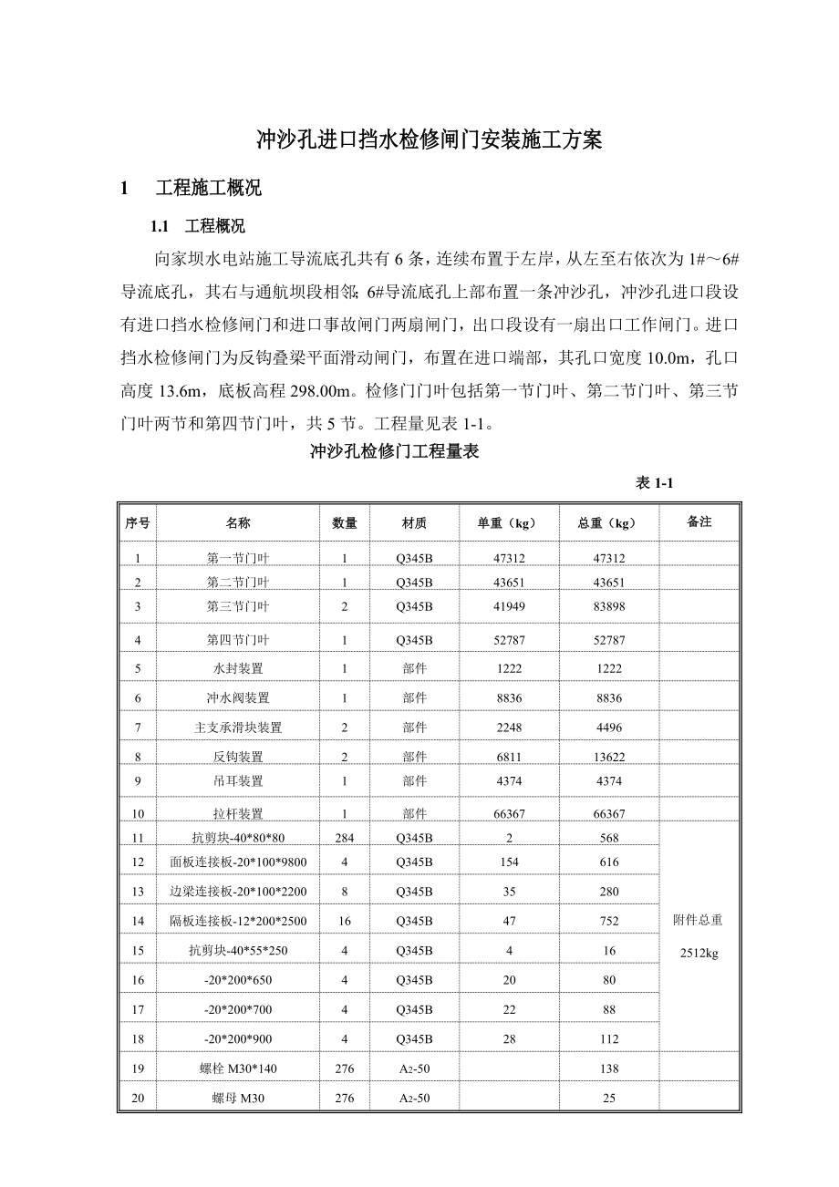 o冲沙孔进口检修闸门安装施工组织设计.doc_第1页