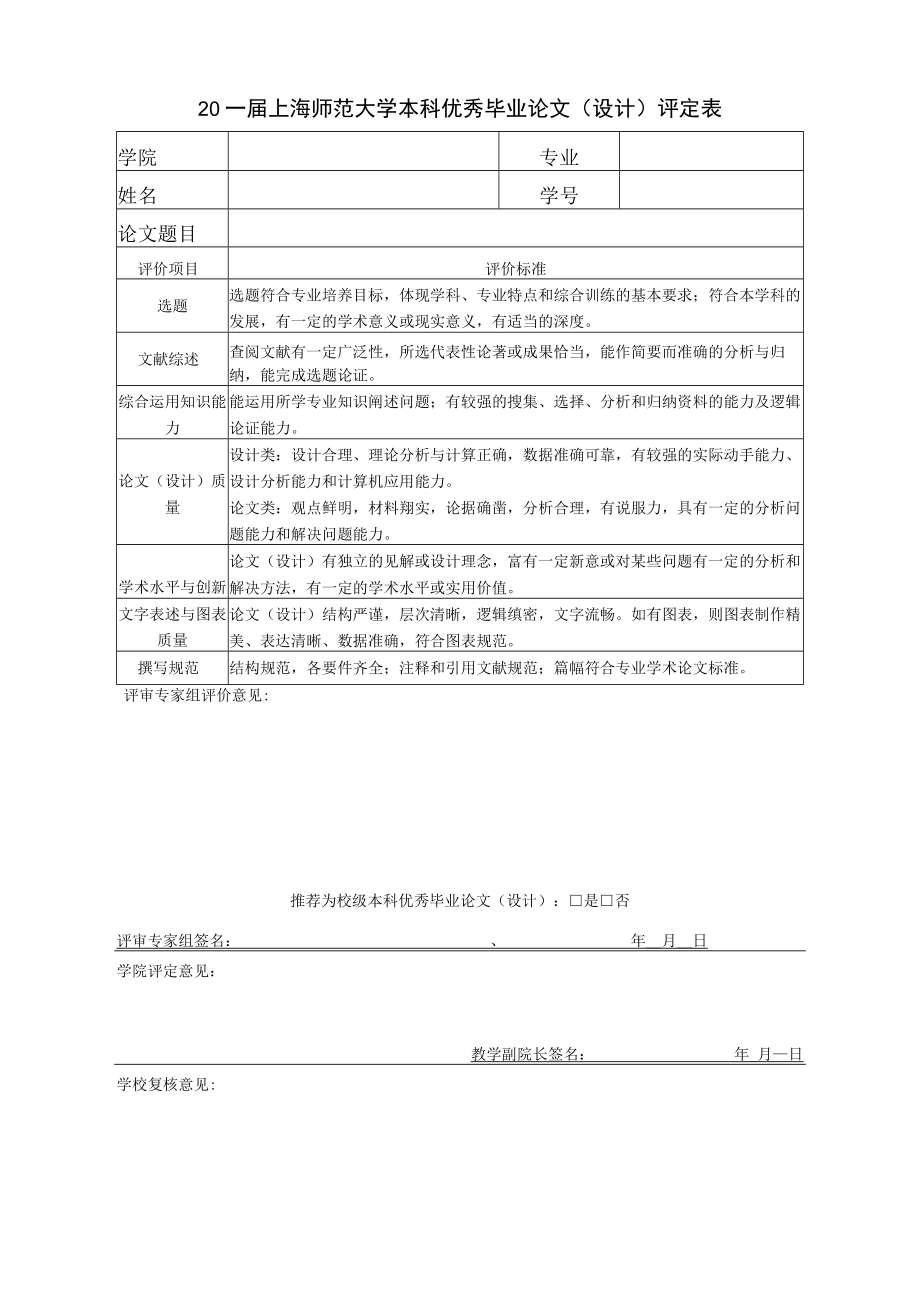 20____届上海师范大学本科优秀毕业论文（设计）评定表.docx_第1页