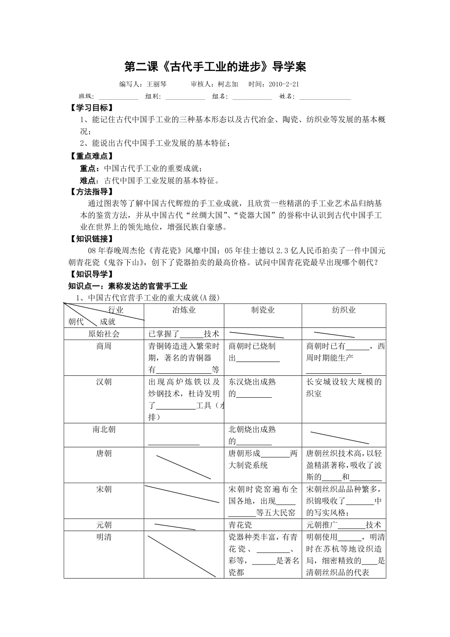 第二课《古代手工业的进步》导学案.doc_第1页