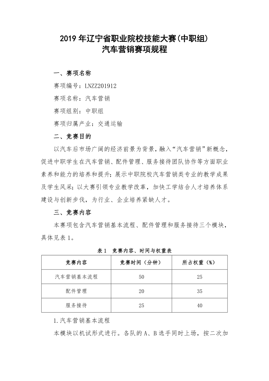 2019年辽宁省职业院校技能大赛(中职组汽车营销赛项规程.doc_第1页