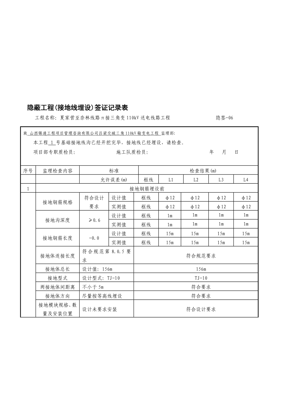 夏家营至奈林线路接三角变110kv线路工程接地埋设隐蔽签证表.doc_第1页