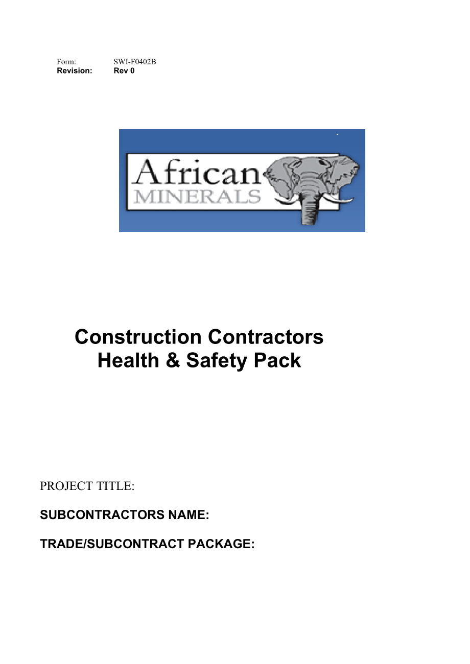建筑承包商健康和安全资料ConstructionContractorsHealthSafetyPack非洲矿业有限公司AMLHSE安全管理制度英文版.doc_第1页