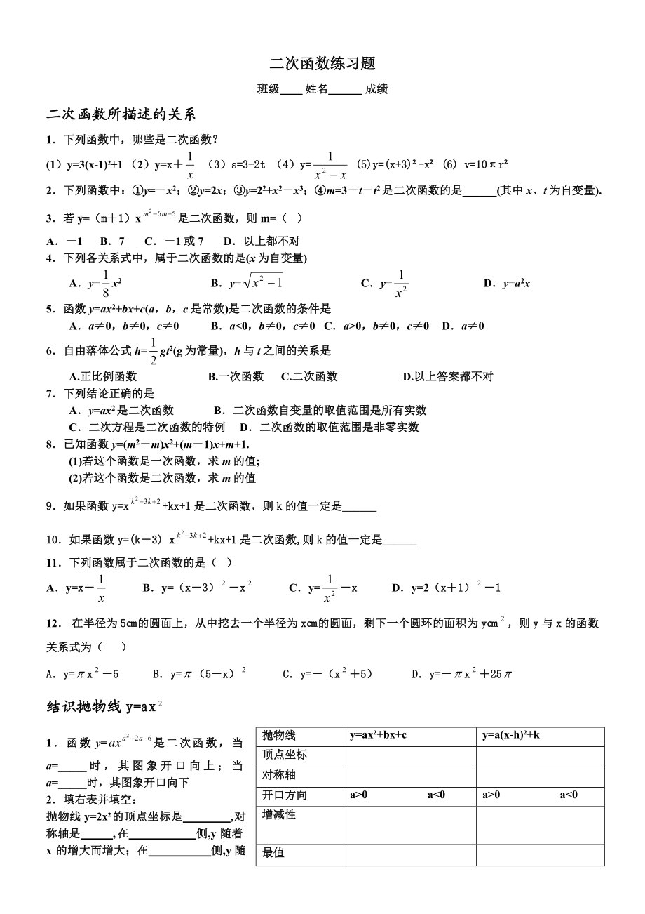 (完整版)新北师大版二次函数章节练习题.doc_第1页