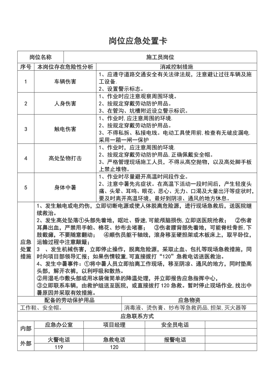 【整理版施工方案】重点岗位应急处置卡(施工单位).doc_第2页