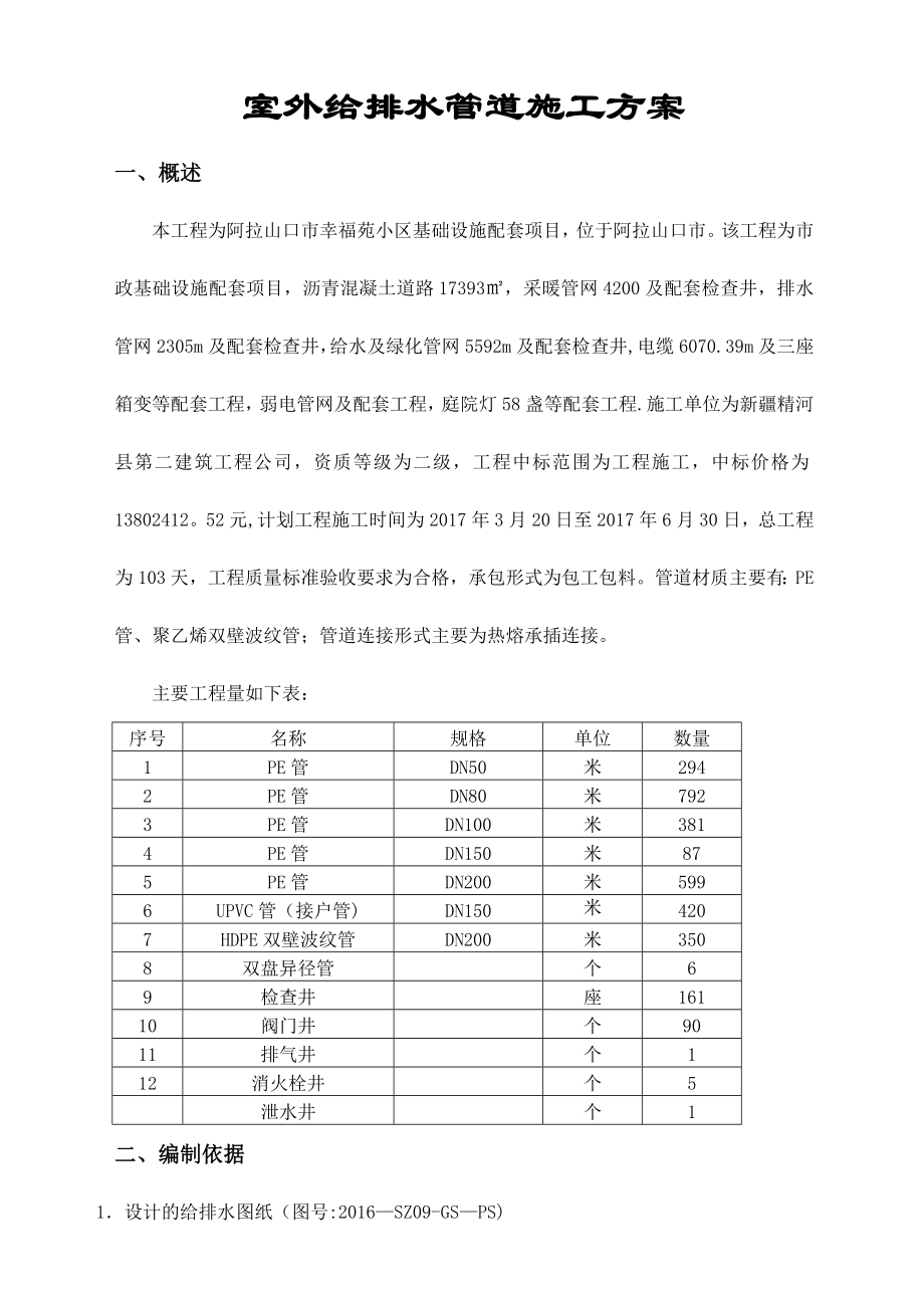 【施工方案】室外给排水管道施工方案模板.doc_第1页