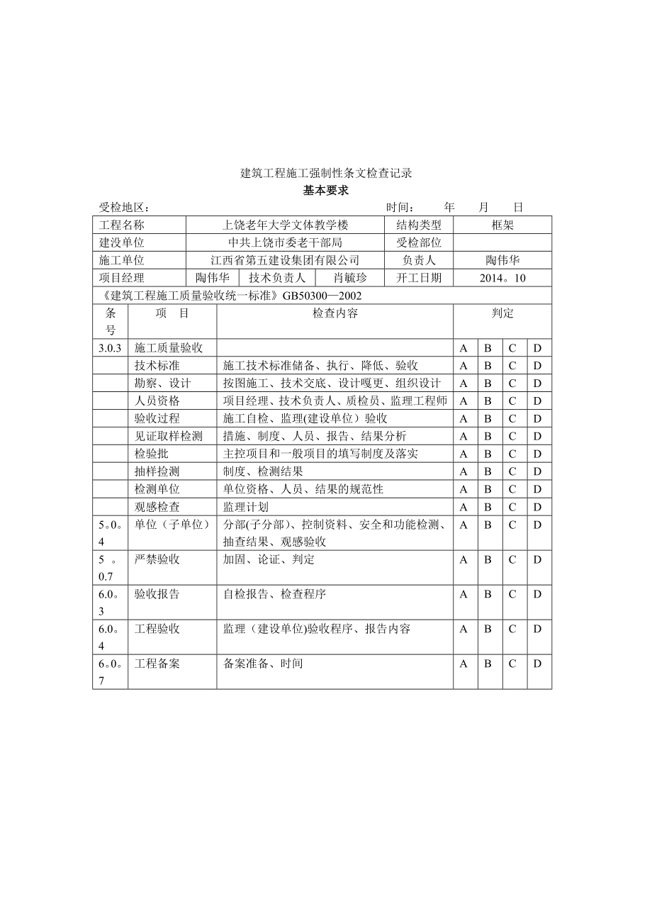 【整理版施工方案】建筑工程施工强制性条文检查记录70498.doc_第1页