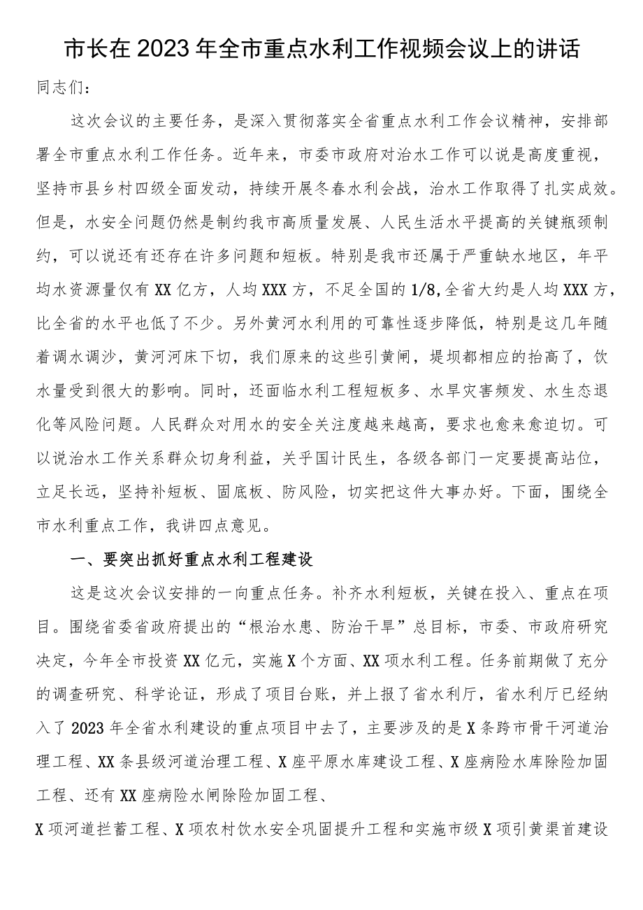 市长在2023年全市重点水利工作视频会议上的讲话.docx_第1页