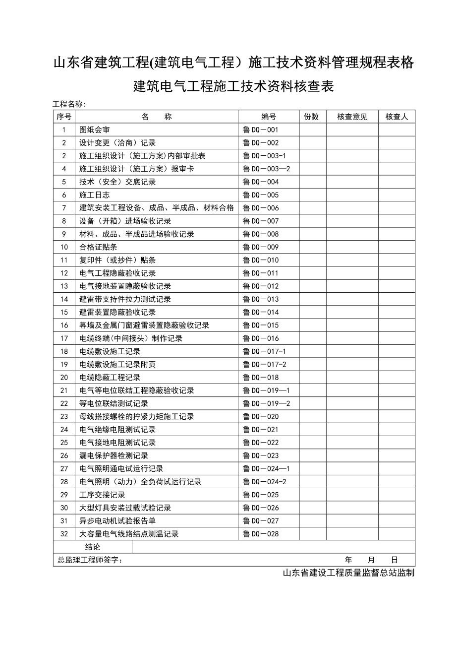 【施工管理】山东省建筑工程(电气工程)施工技术资料管理规程表格.doc_第1页