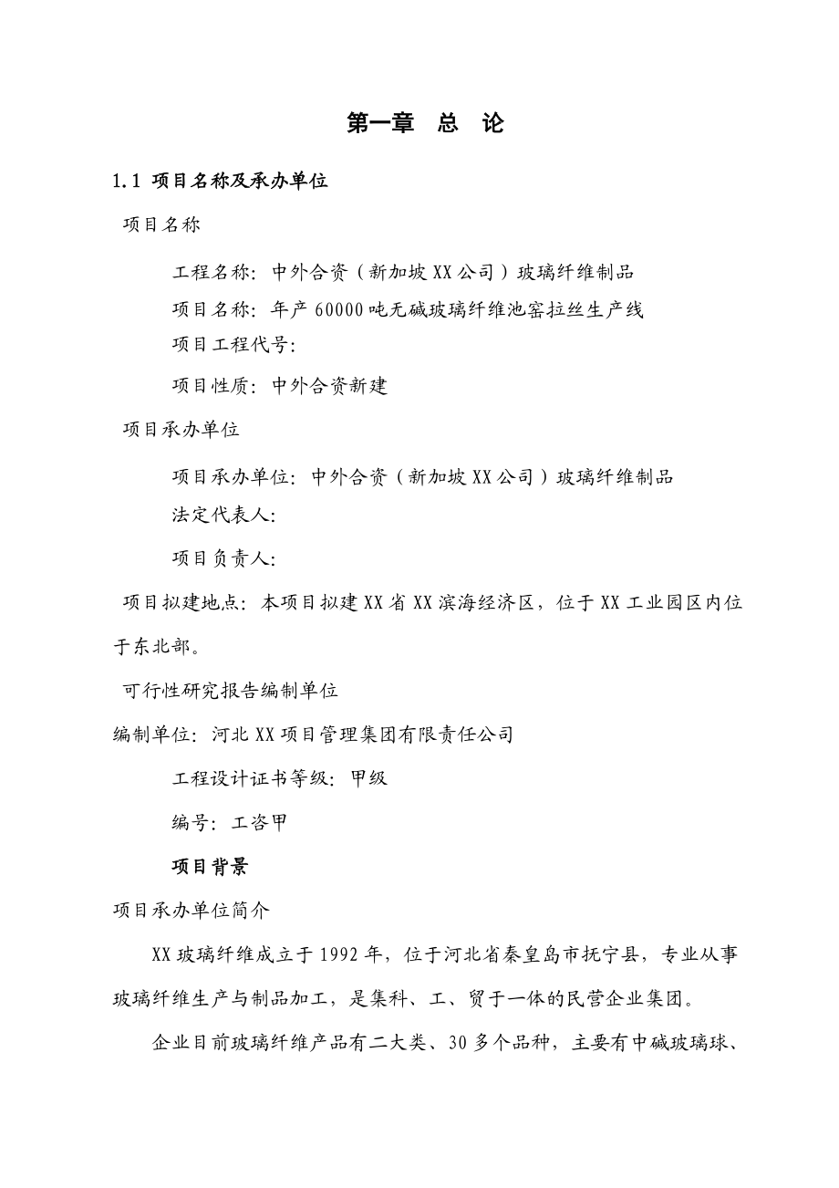 《新建年产6万吨无碱池窑玻璃纤维拉丝生产线建设项目可行性研究报告》.doc_第1页