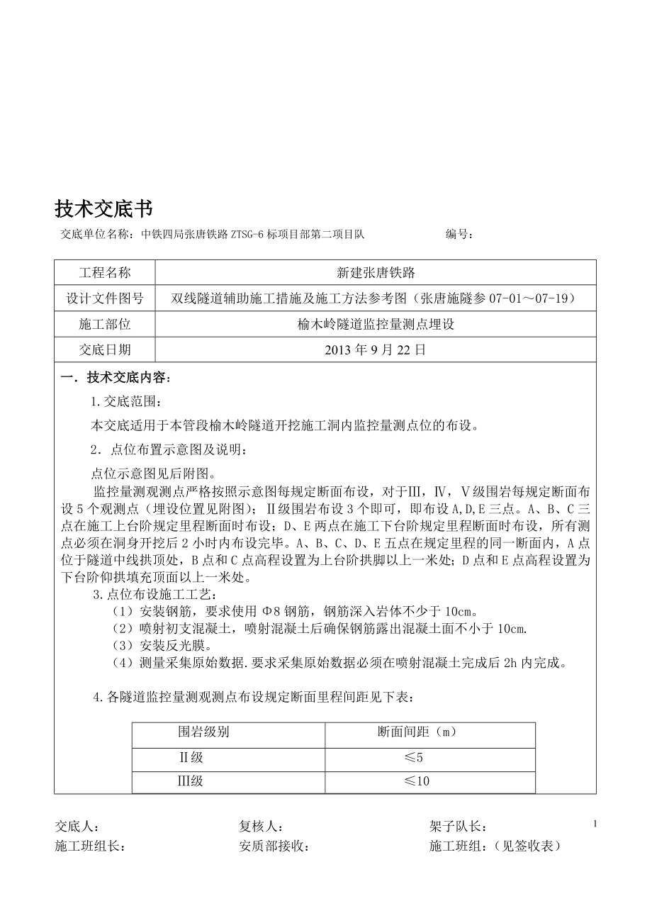 do隧道洞内监控量测点布设施工技术交底书1.doc_第1页