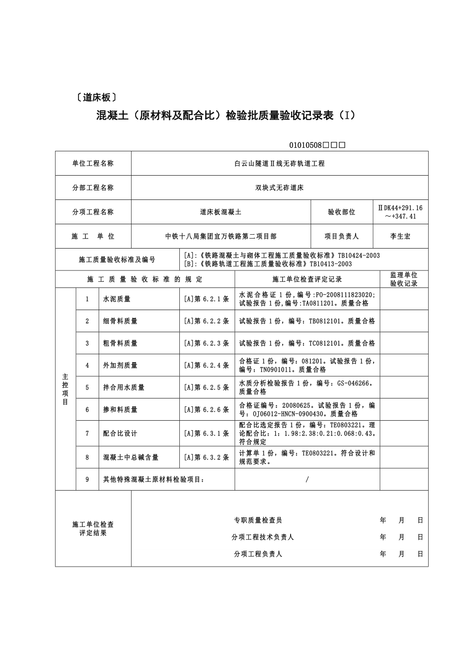 2混凝土原材料及配合比检验批质量验收记录表I.doc_第1页