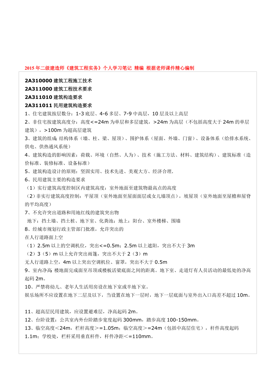 二级建造师建筑工程实务个人学习笔记精编根据老师课件精心编制.doc_第1页