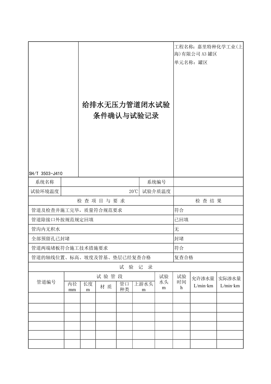 3503J410给排水无压力管道闭水试验条件确认与试验记录2.doc_第1页