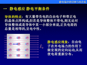 一静电感应 静电平衡条件 导体的特点：有大量带负电的自由电子和带正电的晶体点阵构成,但若是导体整体不带电,则无论对导体整体或是导体中某一小部分来说,正负电荷的总量是相等的,呈电中性.ppt