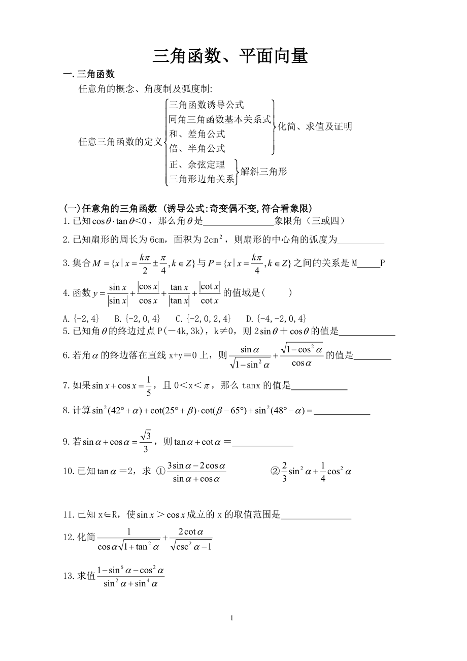 专题训练三角函数、平面向量.doc_第1页