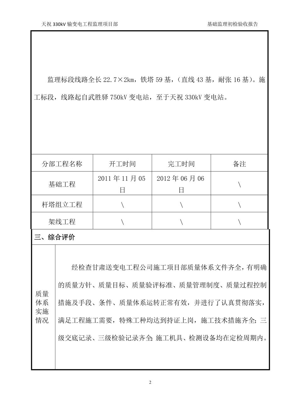 fvjzlx10 输电线路工程监理初检报告(基础分部工程).doc_第3页