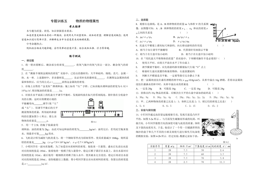 中考指要物理专题训练五物质的物理属性.doc_第1页