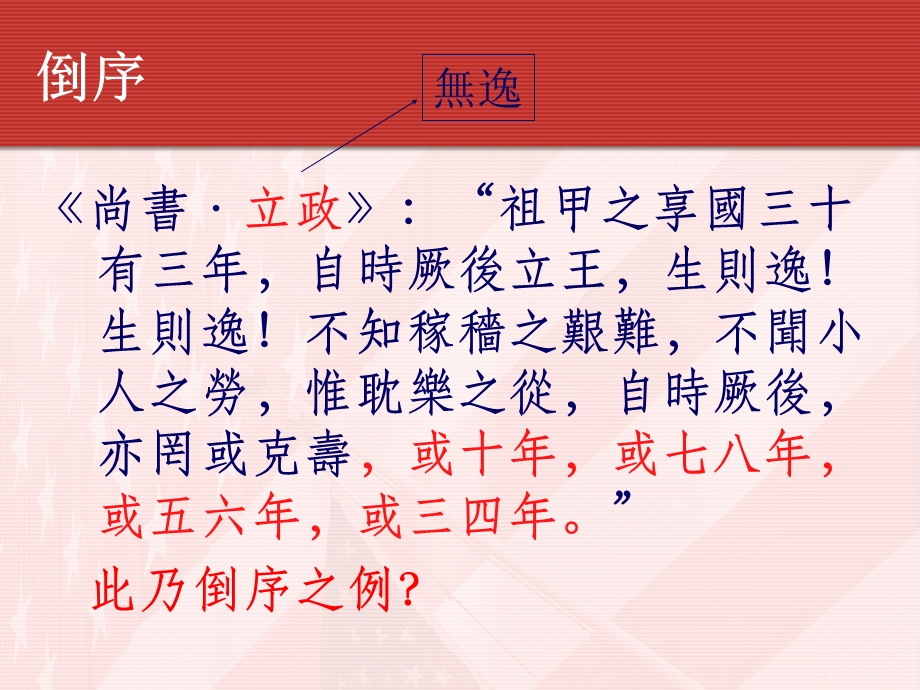 倒序 周禮大宗伯：“以肆、獻、祼享先王”按肆、獻、祼為祭祀之名以次第言之祼居先獻次之肆又次之此文乃倒序之例.ppt_第3页