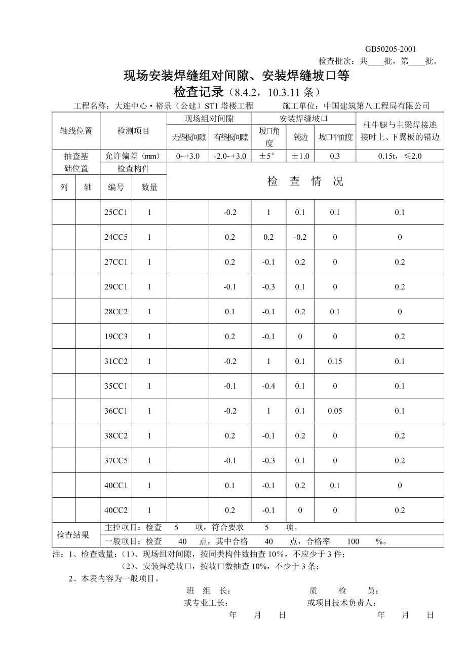 xf[精品]现场安装焊缝组对间隙、安装焊缝坡口等检查记录.doc_第1页