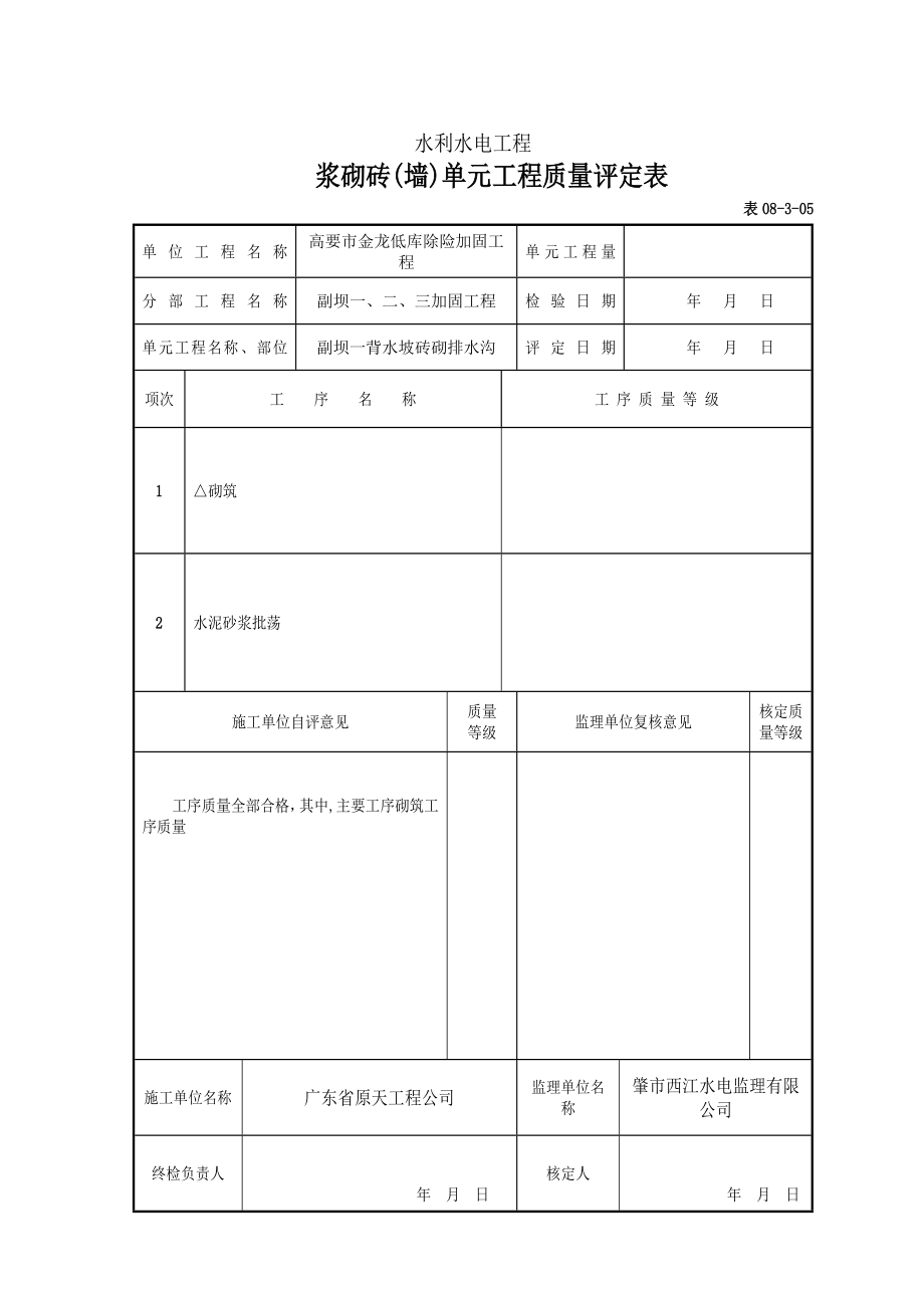 背水坡砌砖排水沟工序评定表.doc_第1页