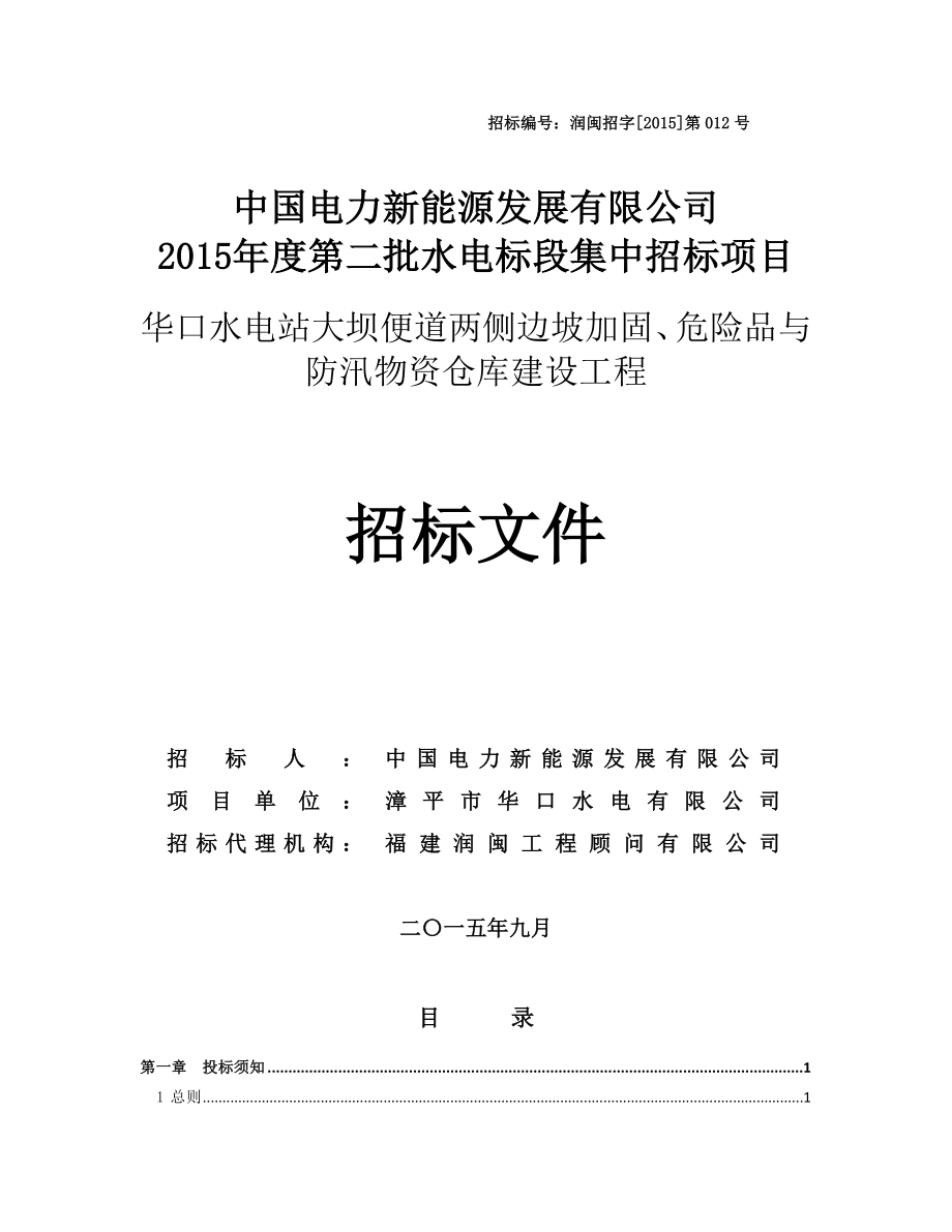 华口水电站大坝便道两侧边坡加固、危险品与防汛物资仓库建设工程 招标文件 0921改.doc_第1页