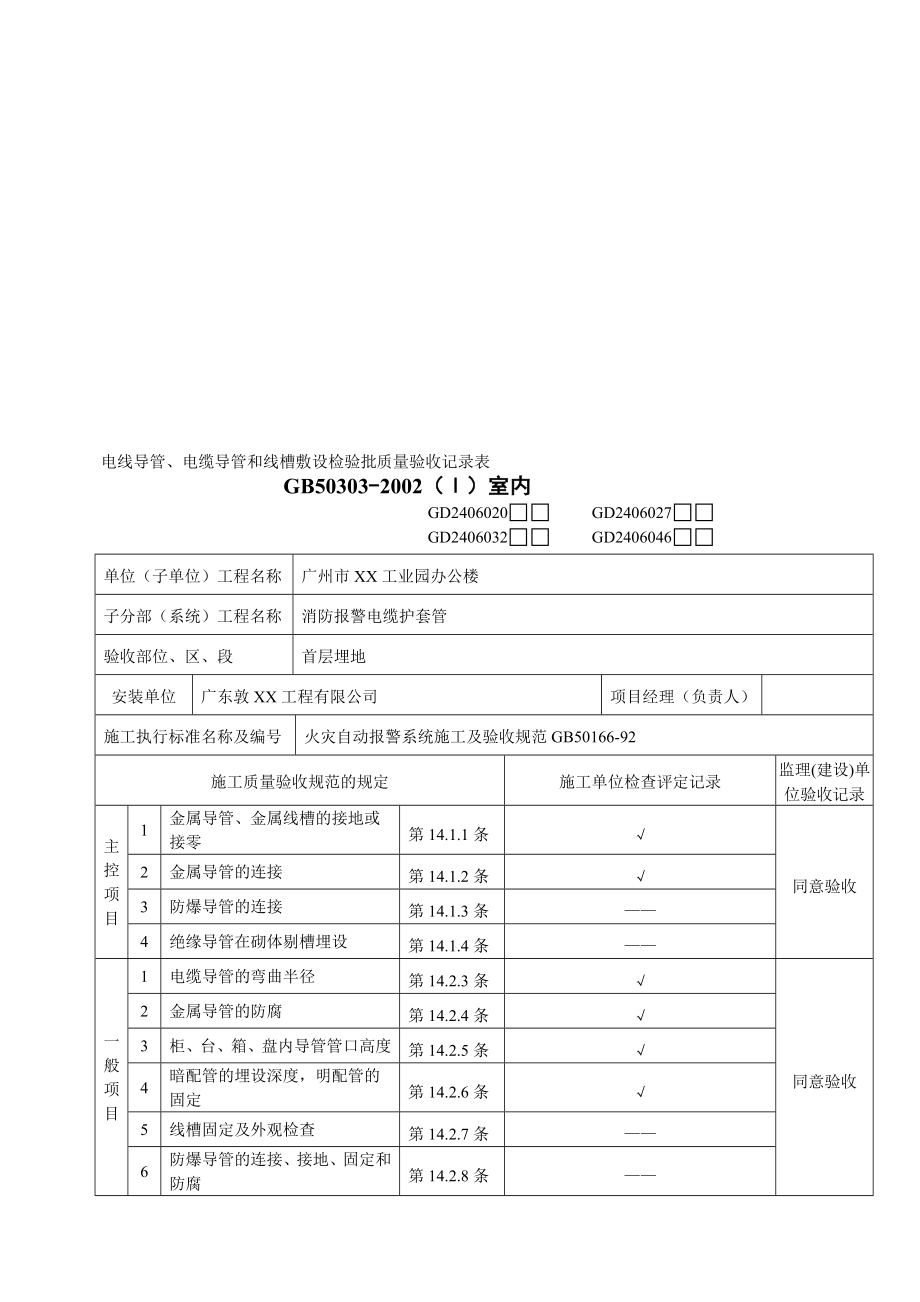 [精品]电线导管、电缆导管和线槽敷设考验批质量验收记录表(电缆护套管).doc_第1页