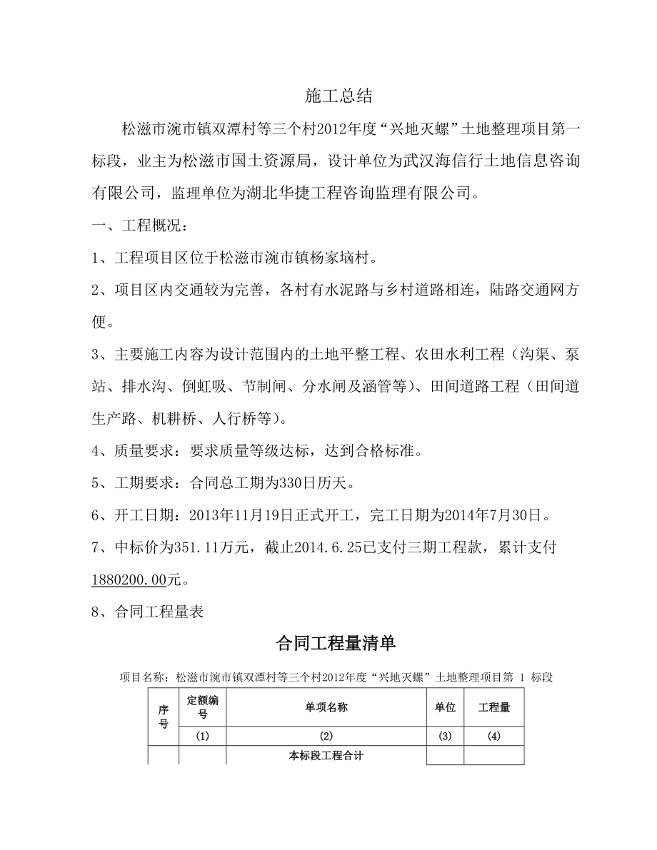 农田水利工程(沟渠、泵站、排水沟、倒虹吸、节制闸、分水闸及涵管等)、田间道路工程田间道生产路、机耕桥、人行桥等土地整理施工总结.doc_第1页