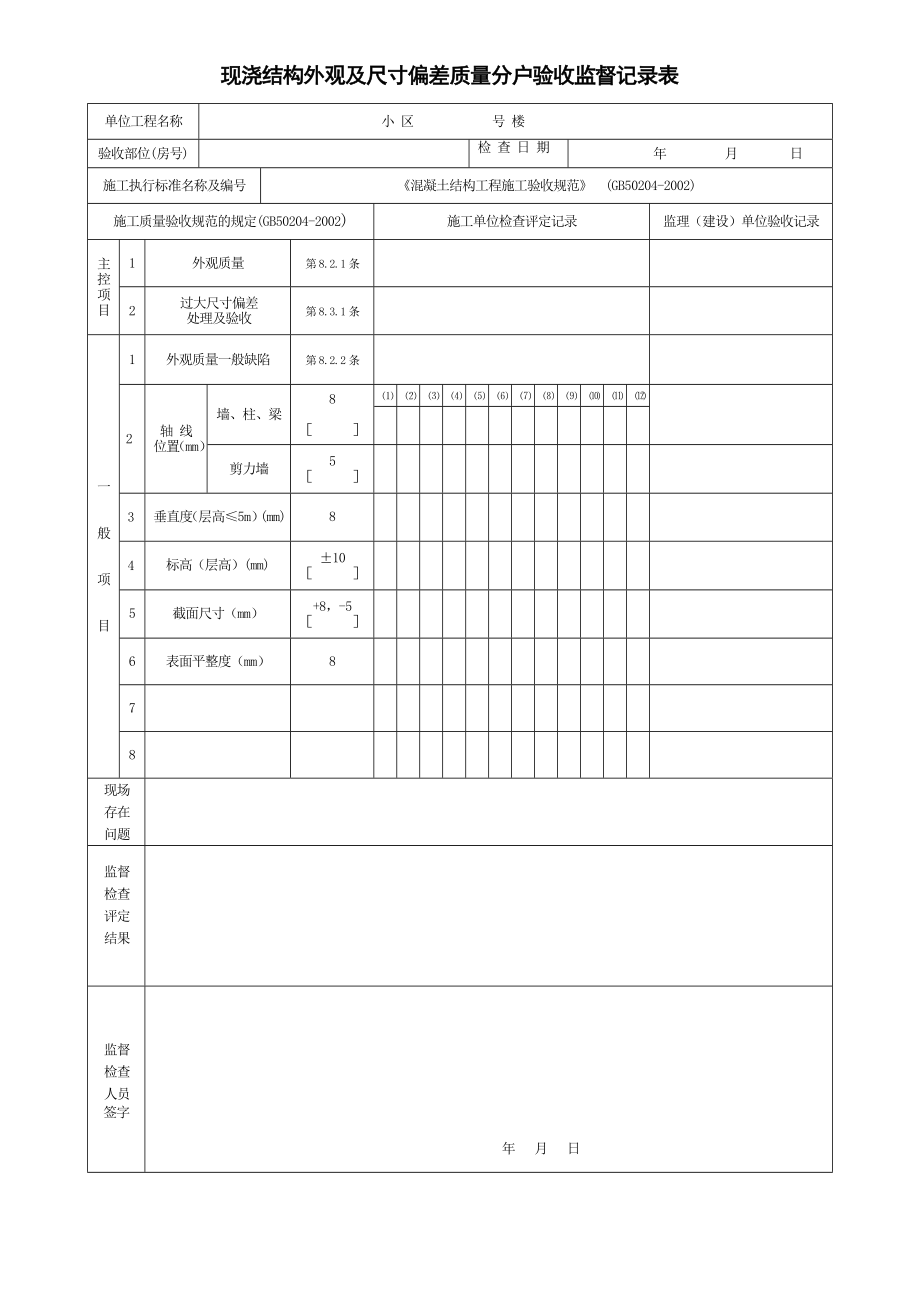 现浇结构外观及尺寸偏但差质量分户验收监督记录表.doc_第1页