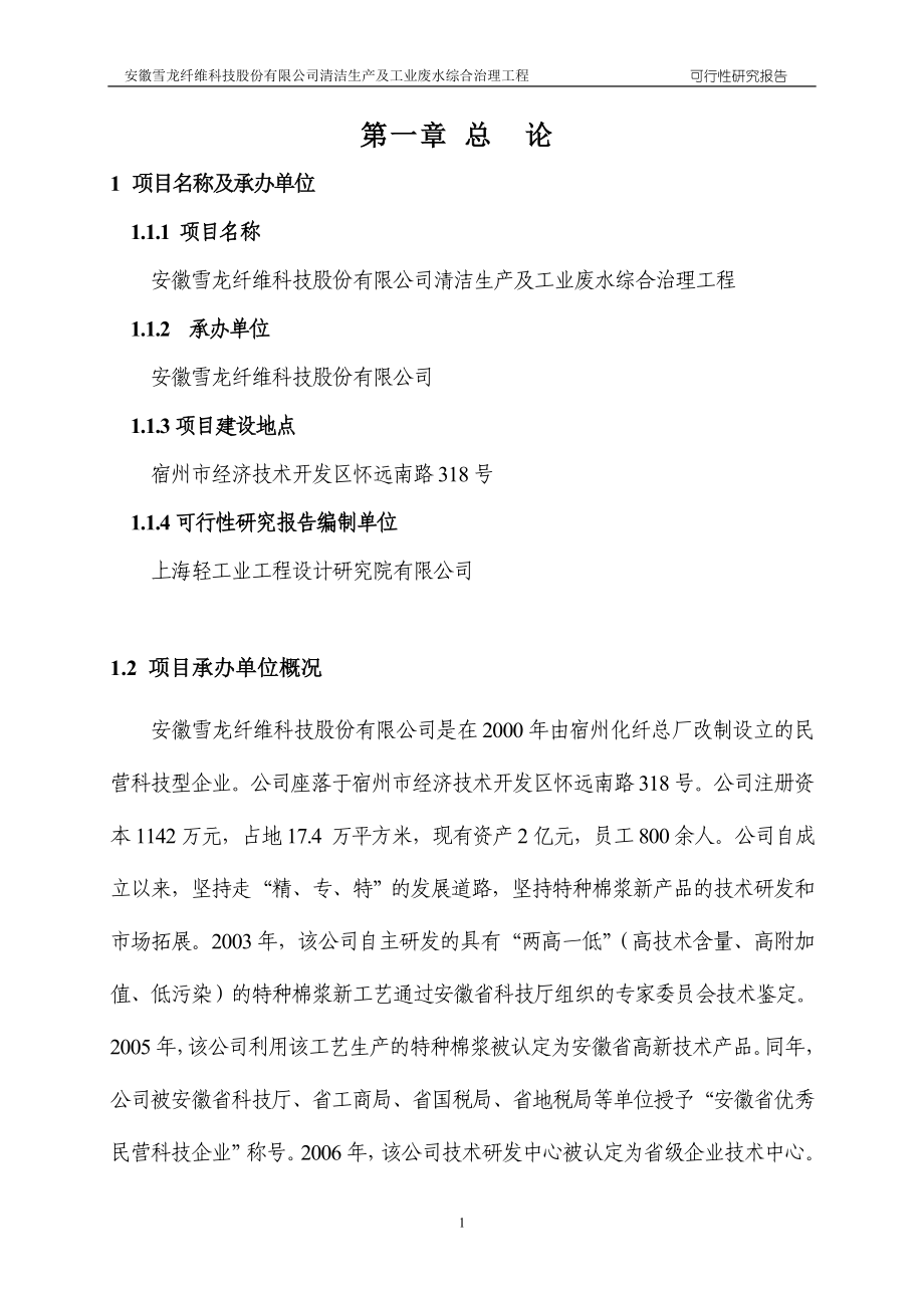 安徽雪龙纤维清洁生产及工业废水都综合治理方案.doc_第1页