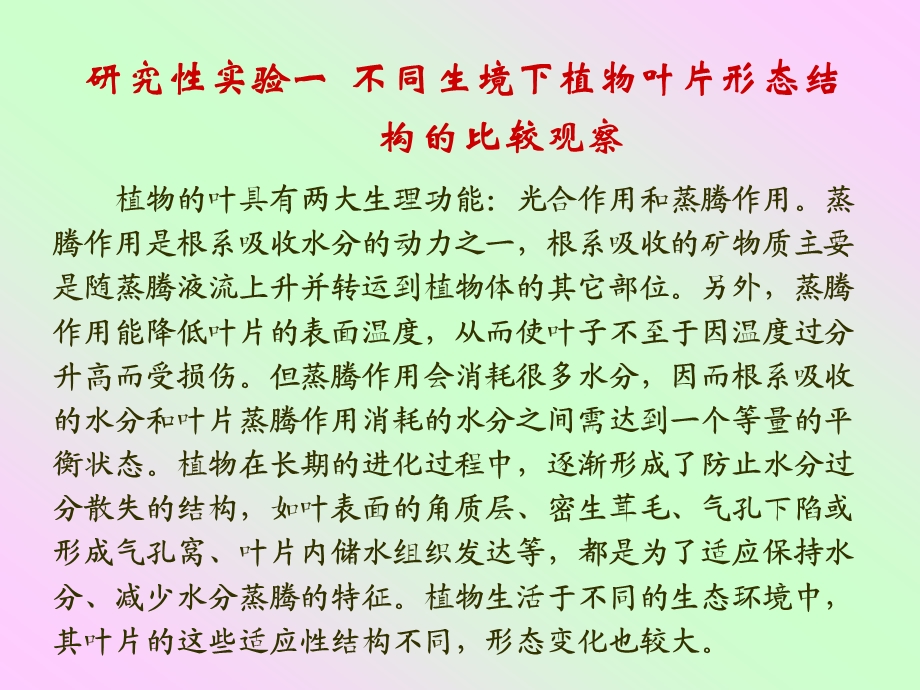 研究性实验三不同生境下植物叶片形态结构的比较观察.ppt_第1页