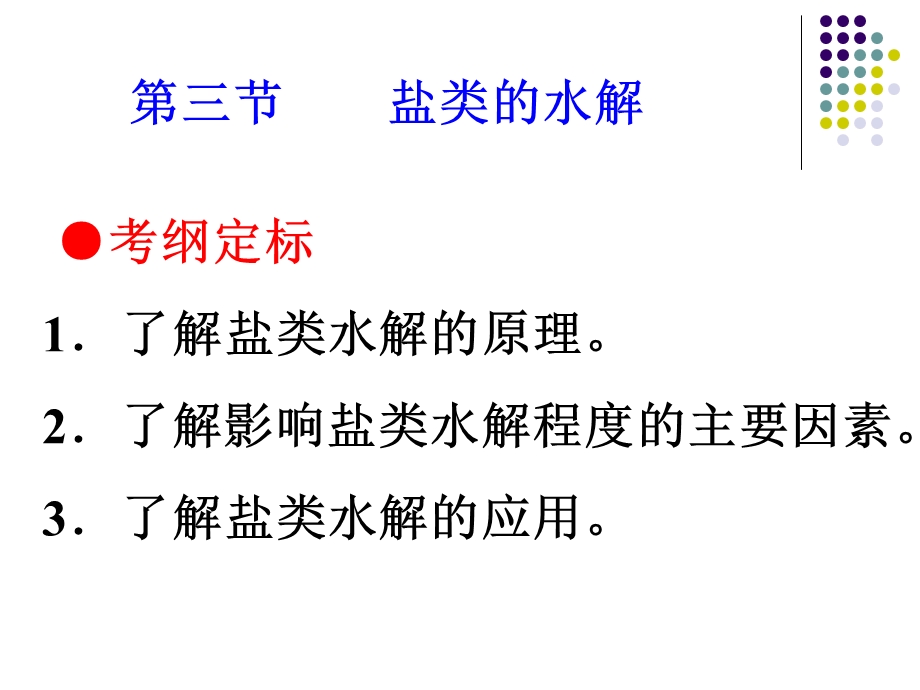 考纲定标了解盐类水解的原理了解影响盐类水解程度的.ppt_第1页