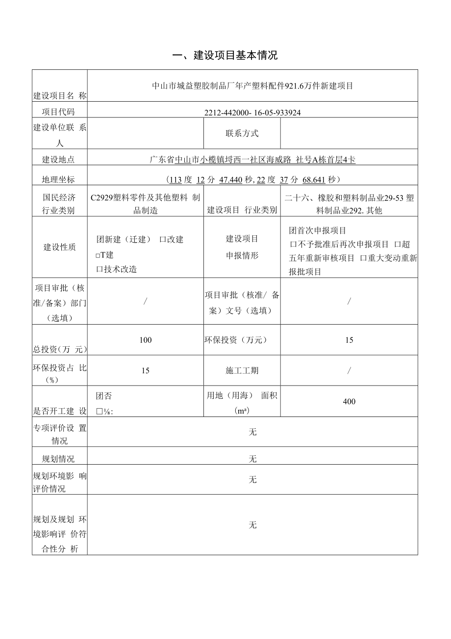 年产塑料配件921.6万件新建项目环境影响报告表.docx_第1页