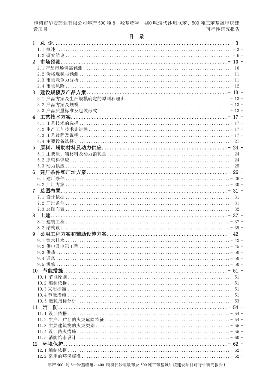 年产500吨8—羟基喹啉、400吨溴代沙坦联苯及500吨三苯基氯甲烷建设项目可行研究报告.doc_第1页