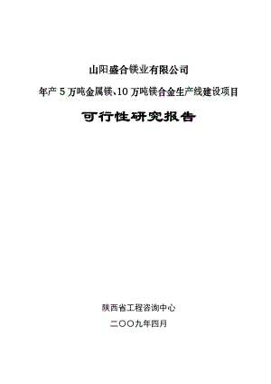 年产5万吨金的属镁、10万吨镁合金生产线建设项目可行性研究报告.doc