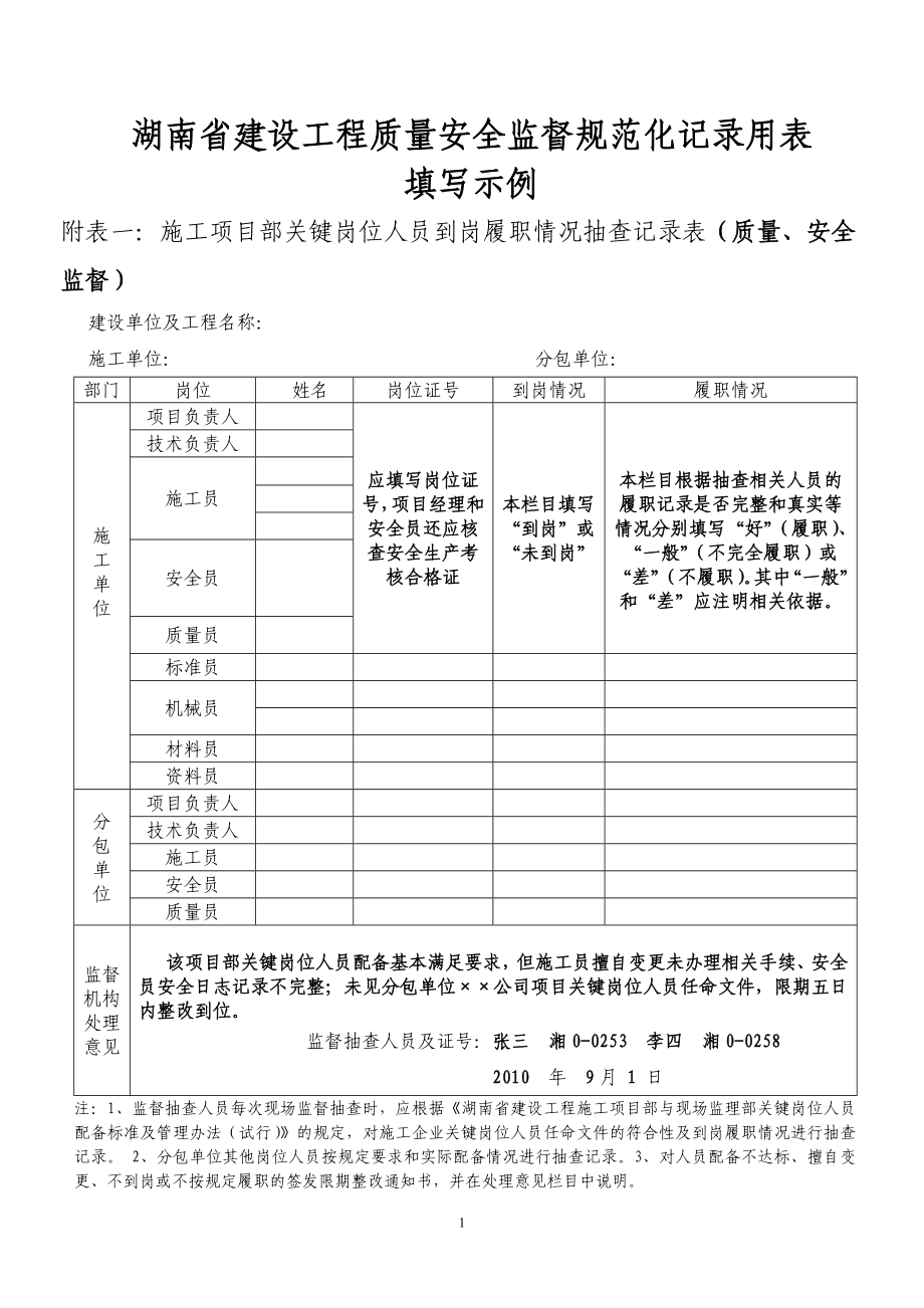 湖南省建设工程质量安全监督规范化记录用表填写示例 附表一： 施工.doc_第1页