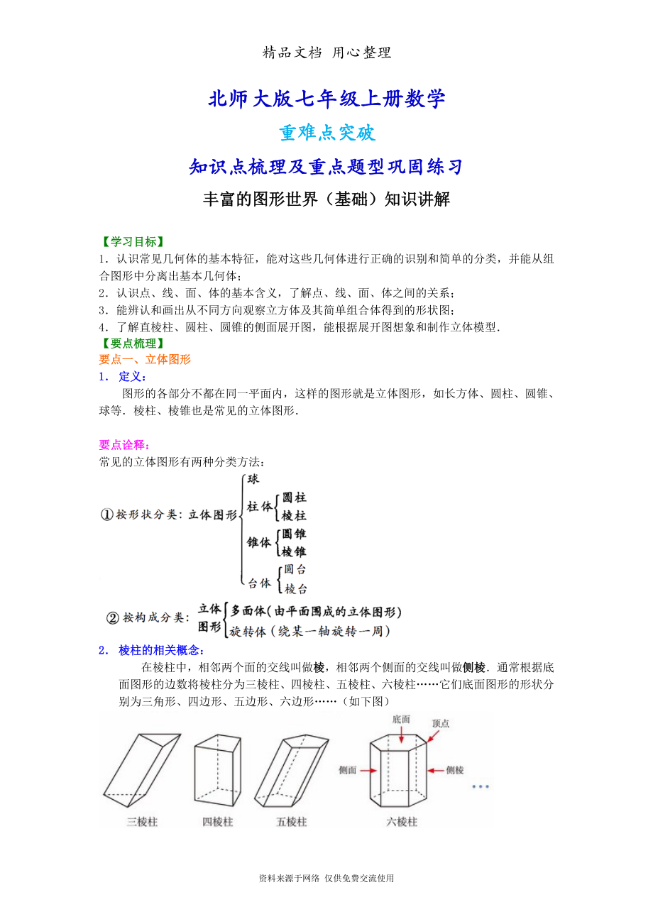 北师大版七年级上册数学[丰富的图形世界(基础版)知识点整理及重点题型梳理].doc_第1页